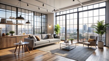 Minimalist urban apartment interior with sleek windows and sparse decor, showcasing a calm and serene atmosphere of modern living space.