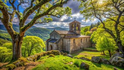 Obraz premium Serene landscape of Chestnut forest in spring around the ancient Church of San Salvador de Sotomerille, Galicia, Spain, Europe.