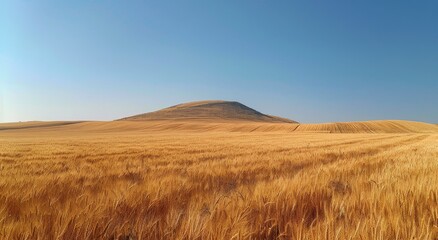 Golden Wheat Field With Distant Mountain Under Blue Sky