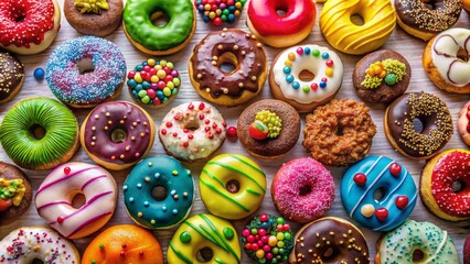 Colorful assortment of creative donuts in diverse flavors and decorations, neatly arranged on a transparent background, captured from above.