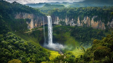 A vibrant landscape with a powerful waterfall plunging into a lush green valley, surrounded by dense forest