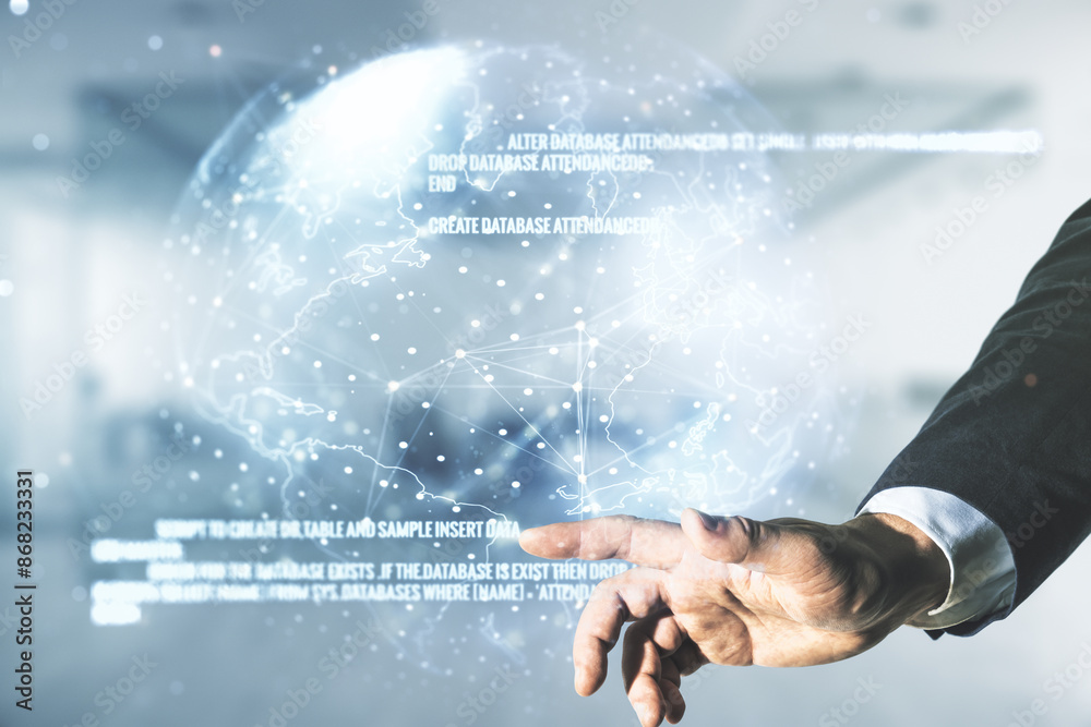 Poster double exposure of man hand working with abstract creative programming illustration and world map on