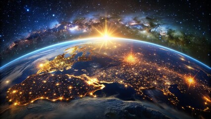 Obraz premium Breathtaking celestial vista of illuminated cities on terrestrial sphere floating in dark vastness of outer space, courtesy of space agency resources.