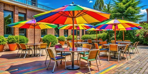 description A colorful parasol providing shade over a comfortable outdoor seating area with chairs and tables , parasol