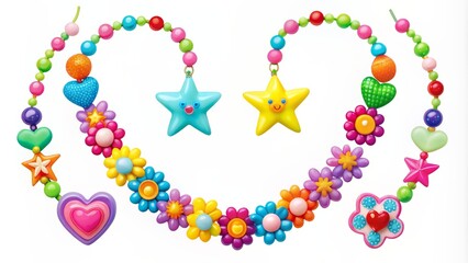Vibrant, whimsical, handmade kids' jewelry set featuring colorful plastic beads, stars, hearts, flowers, and charms in a flat vector illustration.
