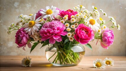 Obraz premium Vibrant bouquet of freshly picked peonies, daisies, and baby's breath arranged artfully in a modern clear glass vase on cream surface.