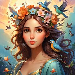 illustration of girl with flower on her head and birds vector isolated. Generative AI.	