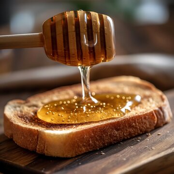 honey dripping from a wooden spoon on toast bread
