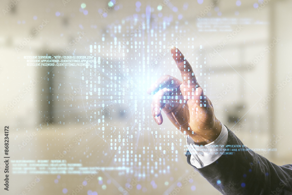 Poster man hand clicks on abstract virtual code skull hologram on blurred office background, cybercrime and