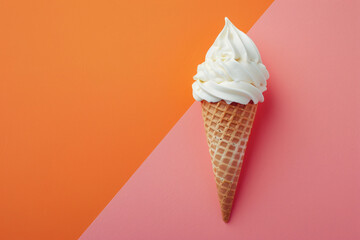 Photo of a single ice cream cone on an orange and pink background, minimal concept, flat lay view from above in studio lighting, pastel colors
