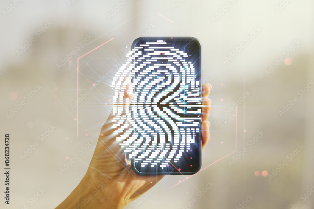 Leinwandbilder multi exposure of abstract fingerprint scan interface and hand with cellphone on background, digital