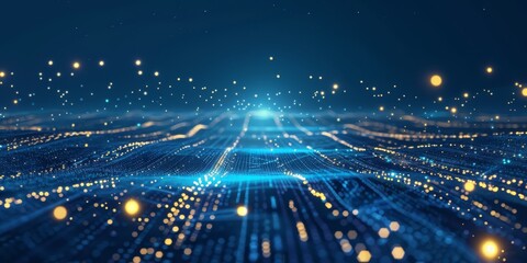 An abstract digital waveform featuring glowing blue and orange data particles. The vibrant composition depicts a futuristic network with dynamic light trails and interconnected nodes