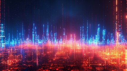 Naklejka premium An abstract futuristic cityscape featuring blue and red digital light structures. The dynamic image depicts a vibrant, interconnected urban environment with glowing particles and vertical lines