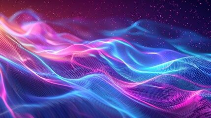 Obraz premium A vibrant digital waves of neon lights in a spectrum of pink, blue, and purple hues creating a dynamic and flowing digital landscape