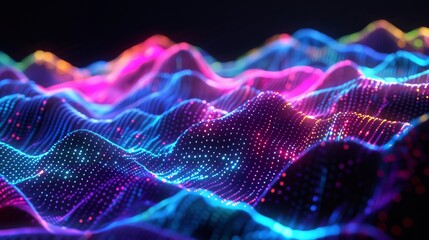 Bright neon waves in vibrant pink, blue, and purple with dotted patterns on a dark background. Dynamic and mesmerizing digital art with seamless color transitions