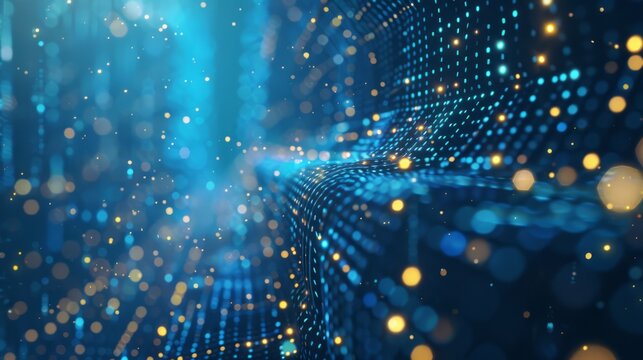An abstract digital matrix featuring glowing blue and orange light particles. The image captures a futuristic network with dynamic dots, grids, and a luminous background