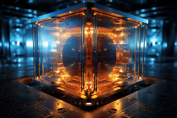A futuristic quantum computer housed in a glass enclosure, displaying intricate glowing components and advanced circuitry. The setup is in a high-tech lab with ambient blue lighting