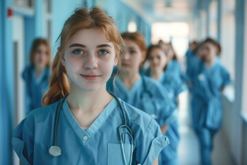 Fototapeta premium Nurse Students. Group of Young Caucasian Female Students Taking a Break in University Hallway