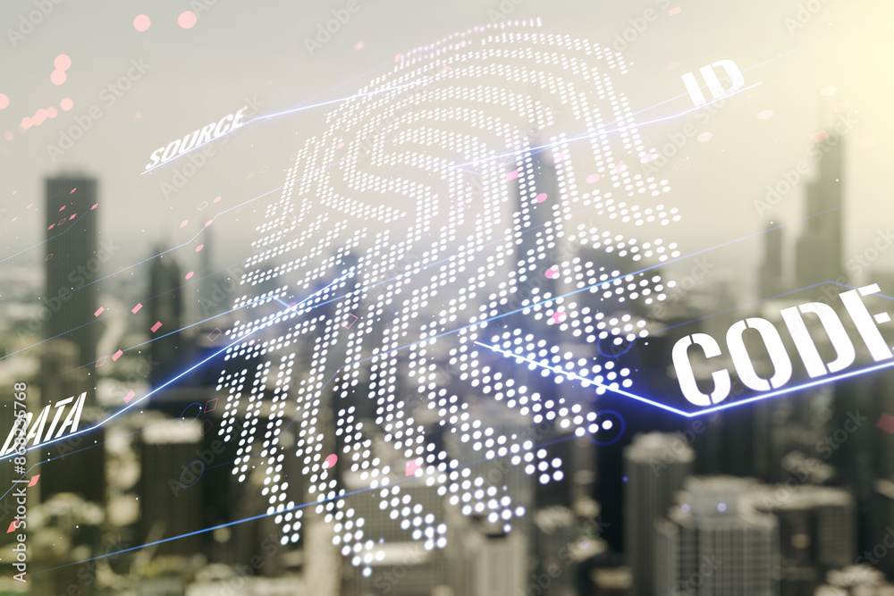 Poster multi exposure of virtual abstract fingerprint illustration on blurry skyline background, digital ac