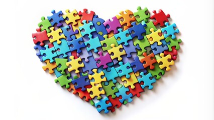 Heart-shaped puzzle pieces in various colors, slightly ajar, on a white background, symbolizing unity and acceptance for autism awareness.