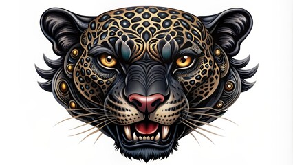 Majestic black jaguar head emblem with fierce expression and intricate details isolated on a pure white clean background image.