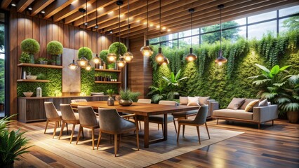 Fototapeta premium Luxurious modern space featuring natural wooden furniture, elegant lighting, and lush greenery, exuding warmth and sophistication in a serene atmosphere.