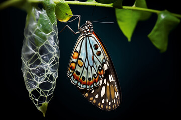 Delicate butterfly emerging from its chrysalis, unfurling its wings to reveal stunning patterns and hues. Generative AI