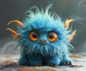 Obraz premium Cute blue fluffy cartoon character monster. A funny fictional animal.