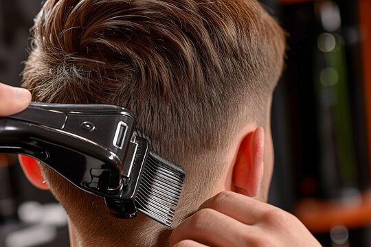 Hairdresser cutting clients hair with an electric hair clipper