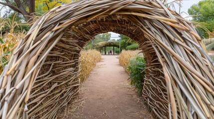 Harvest Heritage Hub - Classroom Entrance with Hand-Woven Wheat Sheaf Archway, Students Crafting Corn Husk Dolls, Cultural Craftsmanship Experience
