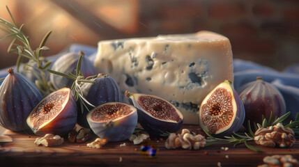 a cheese board featuring blue cheese, figs, walnuts, and rosemary, artistically arranged