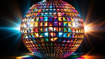 Obraz premium shining multicolored disco ball on an abstract dark background. retro disco concept.