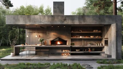 Minimalist outdoor kitchen with built-in pizza oven, concrete countertop, open shelving.