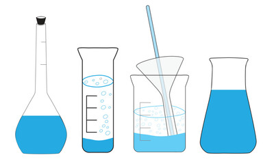 Flasks with blue liquid vector icons set