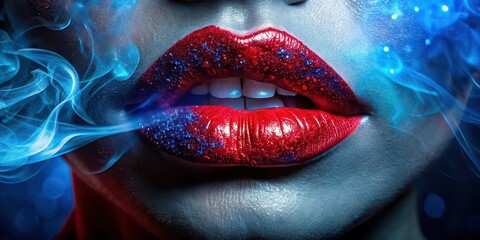 Close-up of red glittery lips exhaling blue smoke, glittery lips, red lips, smoke, exhaling, sparkly, close-up, beauty, makeup