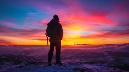Obraz premium Silhouette of Back View of Hiker in Puffy Coat Watching a Colorful Sunset - Hiker in Puffy Coat Admiring Sunset