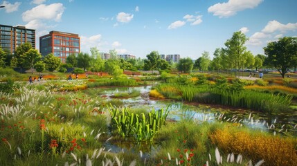 A vibrant urban wetland designed for flood control and recreational opportunities.