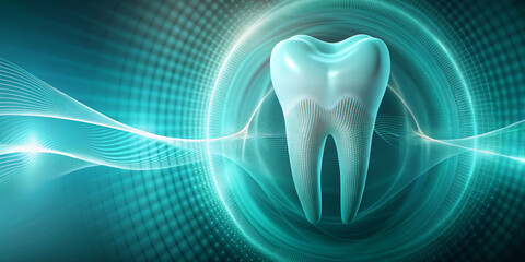 A large,detailed representation of a tooth sits on a futuristic teal background with wavy lines and circular patterns.Tooth appears to float,illuminated by the surrounding light effects.AI generated.