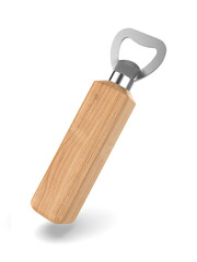 Wooden handle stainless steel beer bottle opener 3d render illustration.