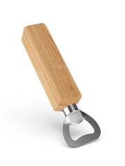 Wooden handle stainless steel beer bottle opener 3d render illustration.