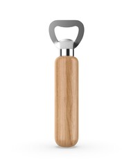 Wooden handle stainless steel beer bottle opener 3d render illustration.