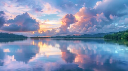 Silhouette of Landscape Long exposure of majestic clouds in the sky during sunset or sunrise over the sea with reflection in the tropical sea Sunset Sky Reflection.