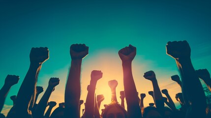 Crowd of protesters people. Silhouettes of people with banners and megaphones. Concept of revolution or protest