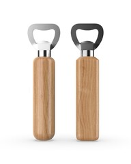 Wooden handle stainless steel beer bottle opener 3d render illustration.