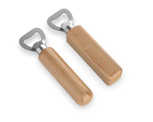 Wooden handle stainless steel beer bottle opener 3d render illustration.