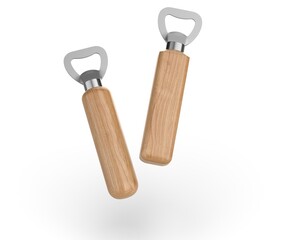 Wooden handle stainless steel beer bottle opener 3d render illustration.