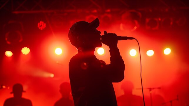 Silhouette of rap band performing on concert stage in bright red lights. Unrecognizable young rapper singing on concert