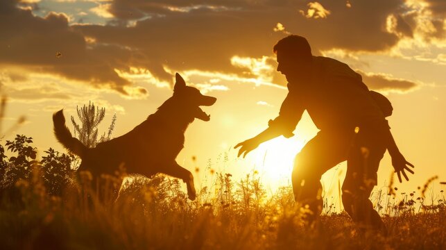 Silhouette of Protective section with a dog. a dog attacks a helper against a sunset background