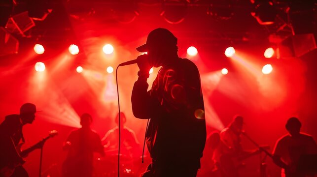 Silhouette of rap band performing on concert stage in bright red lights. Unrecognizable young rapper singing on concert