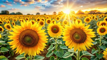 Obraz premium Field of bright yellow sunflowers under the sun, sunflowers, field, yellow, bright, sunny, nature, agriculture, growth, outdoor